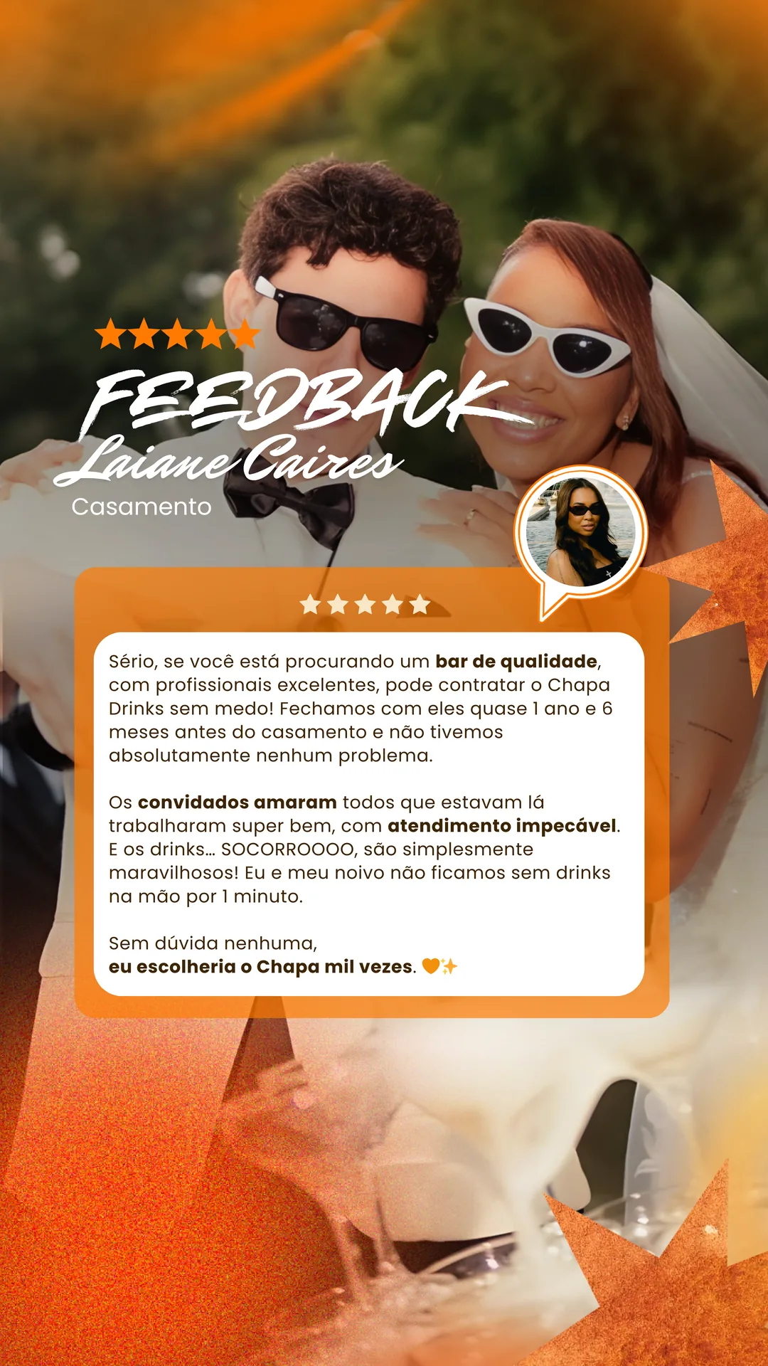 Arte de feedback de Laiane e Diego sobre casamento com a Chapa Drinks